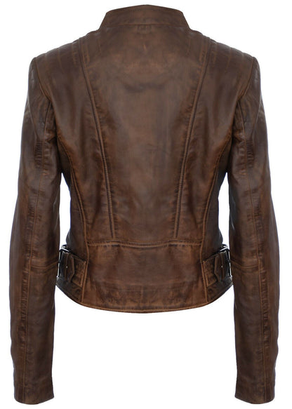 Womens Vintage Leather Biker Jacket-Marlow - Upperclass Fashions 