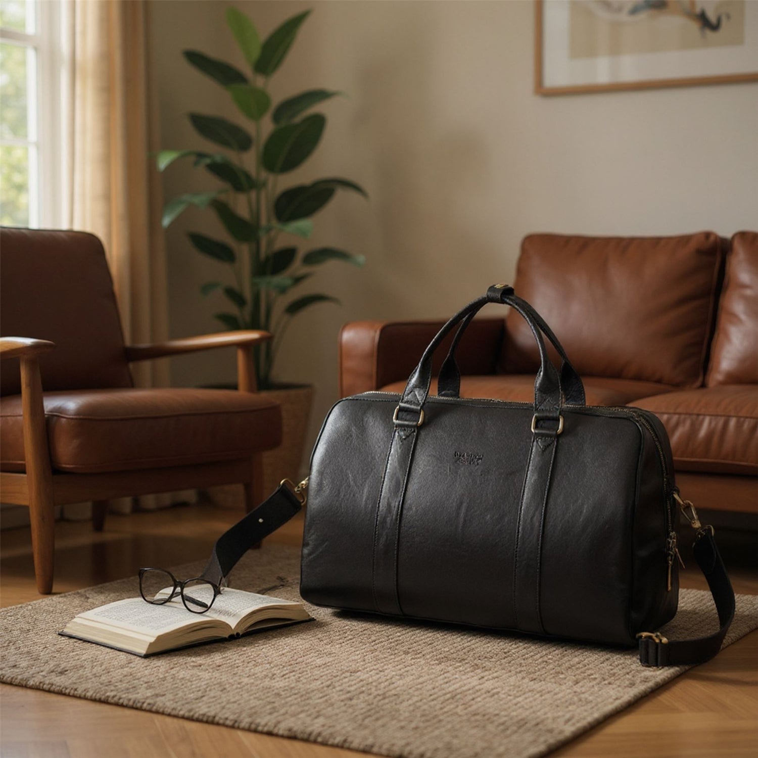 Vintage Genuine Leather Black Holdall Duffle Gym Travel Bag - Atlas