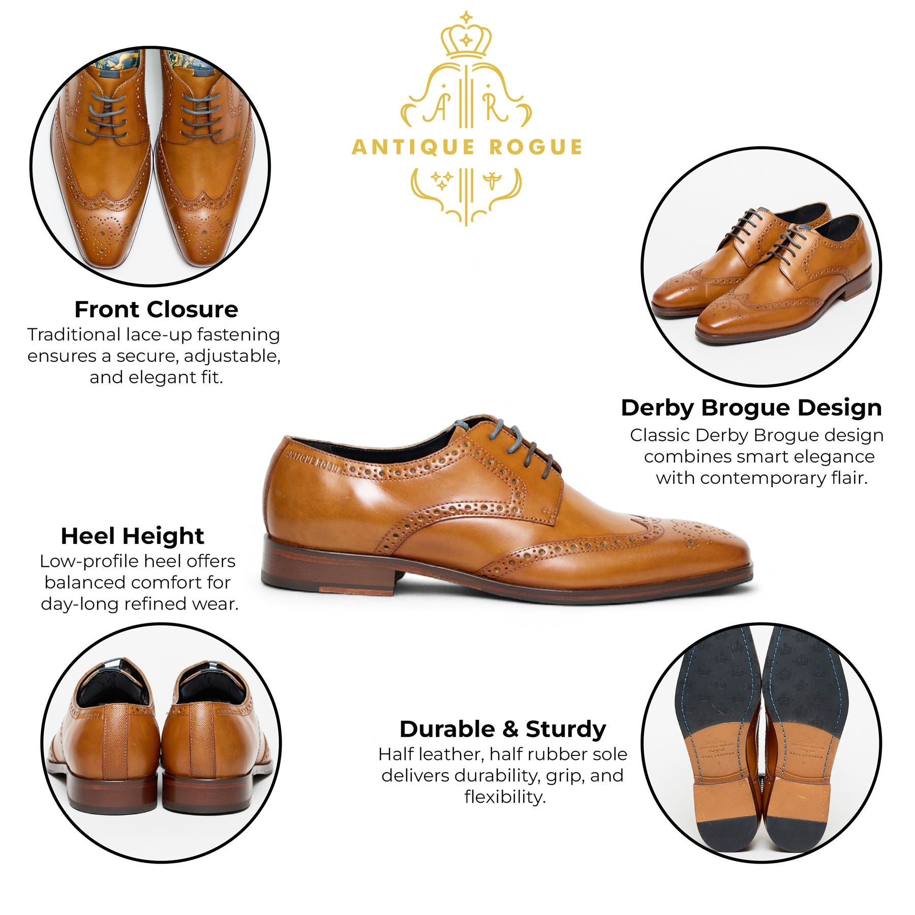 Antique Rogue Men’s Tan Brown Leather Oxford Derby Brogue - Luca