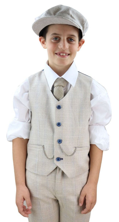 Boys 3 Piece Cream Herringbone Tweed Check Classic Suit - Upperclass Fashions 