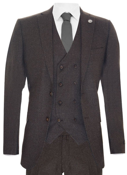 Mens Brown Wool 3 Piece Suit Double Breasted Tweed Peaky Blinders 1920