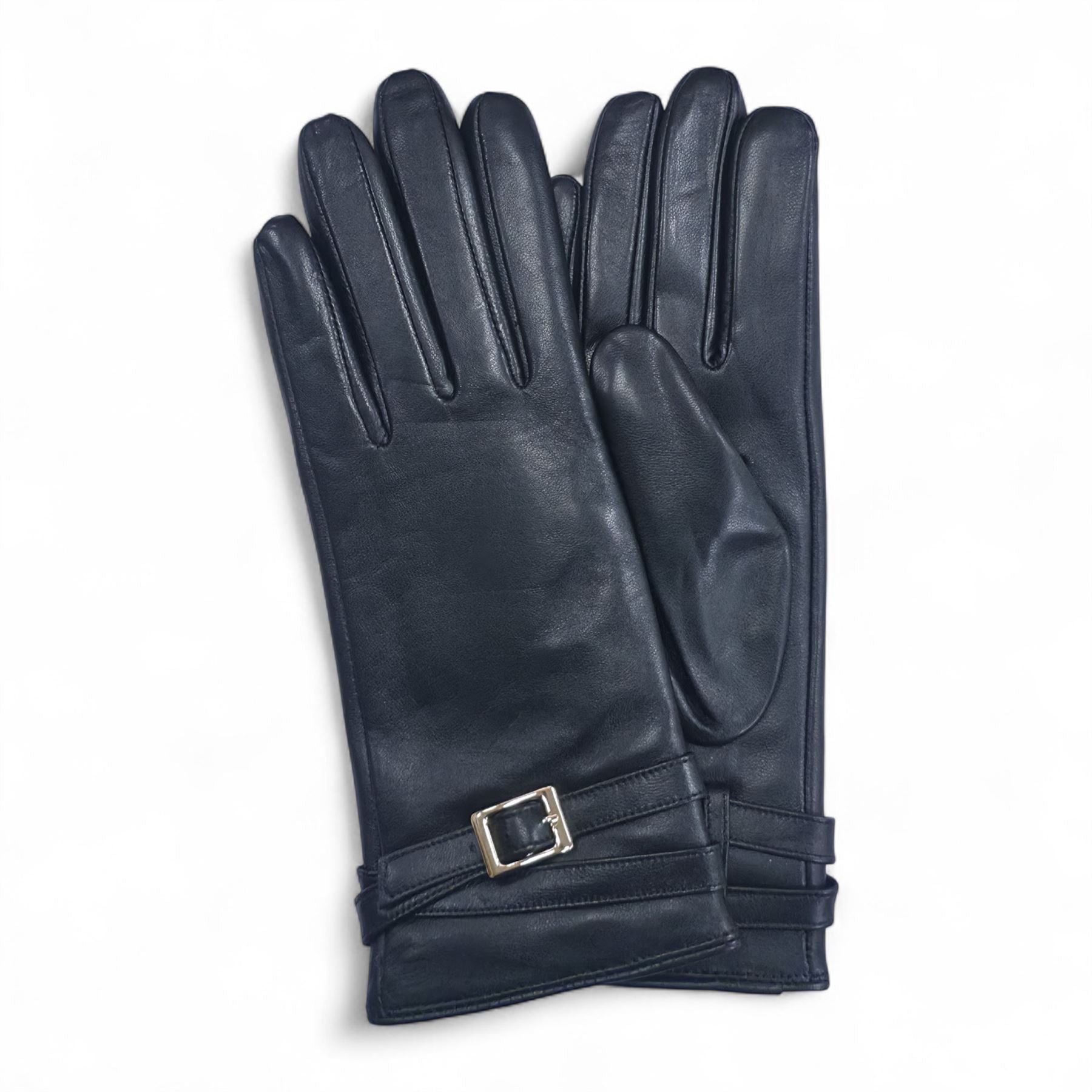 Womens Italian Leather Winter Buckle Soft Wool Lining Gloves - L-GLV-601