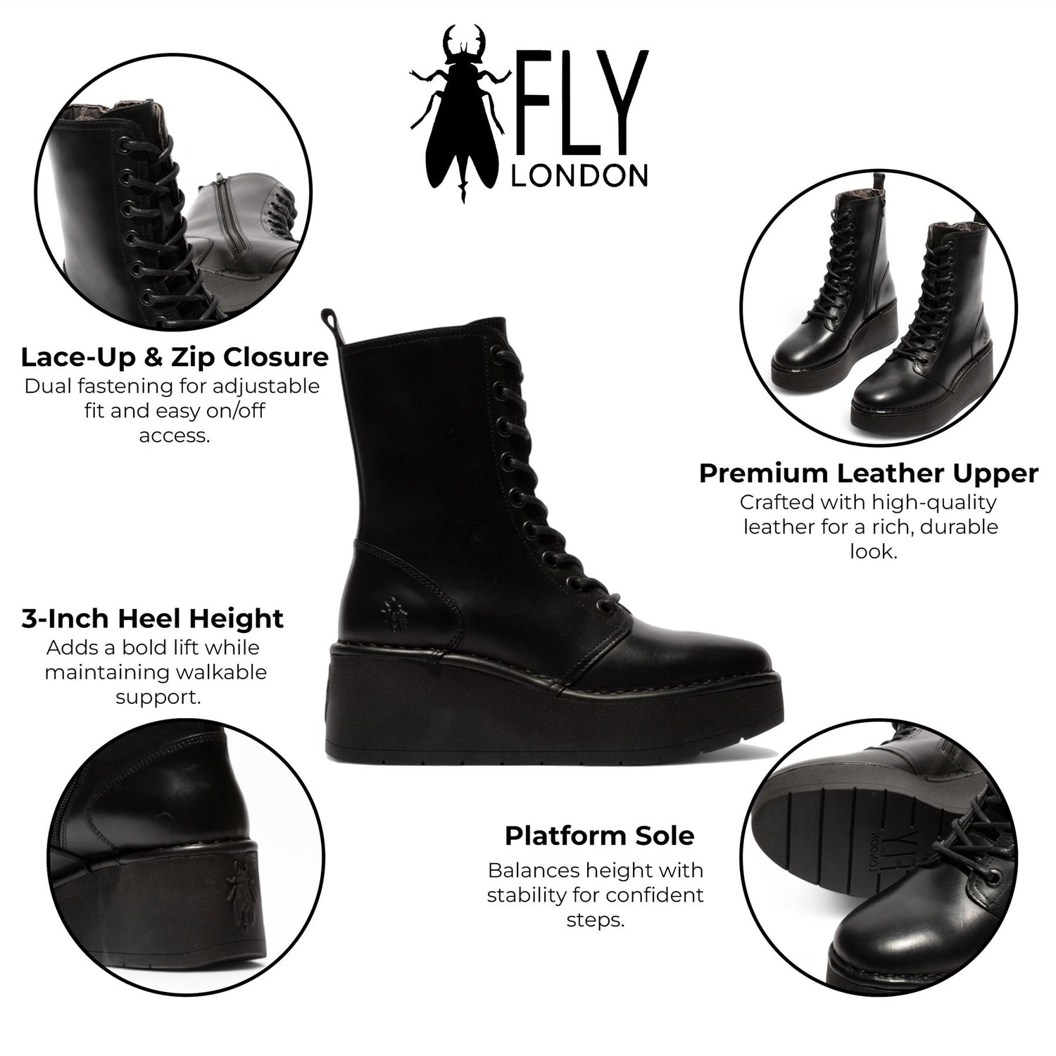 Fly London Womens Black HAIT273 Leather Lace-up Chunky Platform Ankle Boots