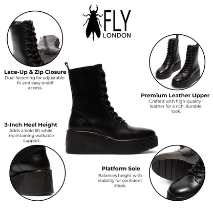 Fly London Womens Black HAIT273 Leather Lace-up Chunky Platform Ankle Boots
