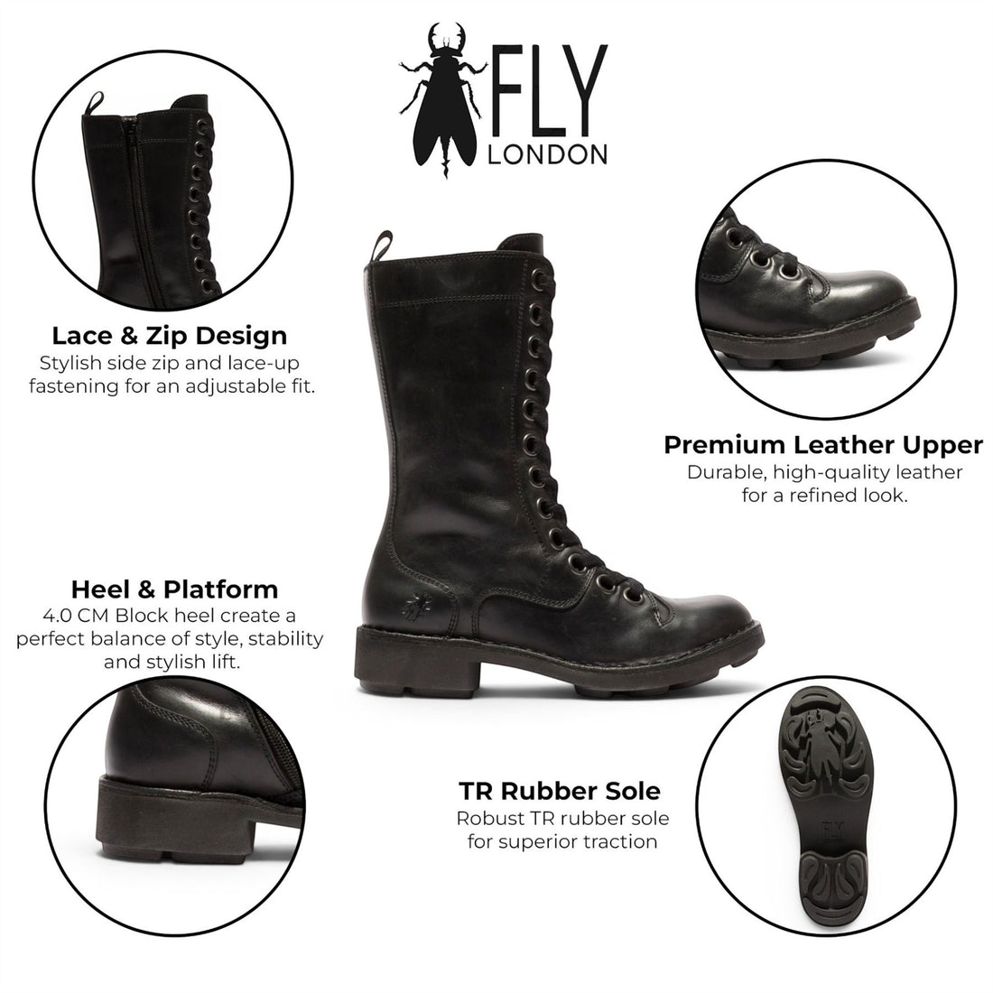 Fly London Women’s Black Leather Lace-Up Combat Ankle Boots- NOLE176
