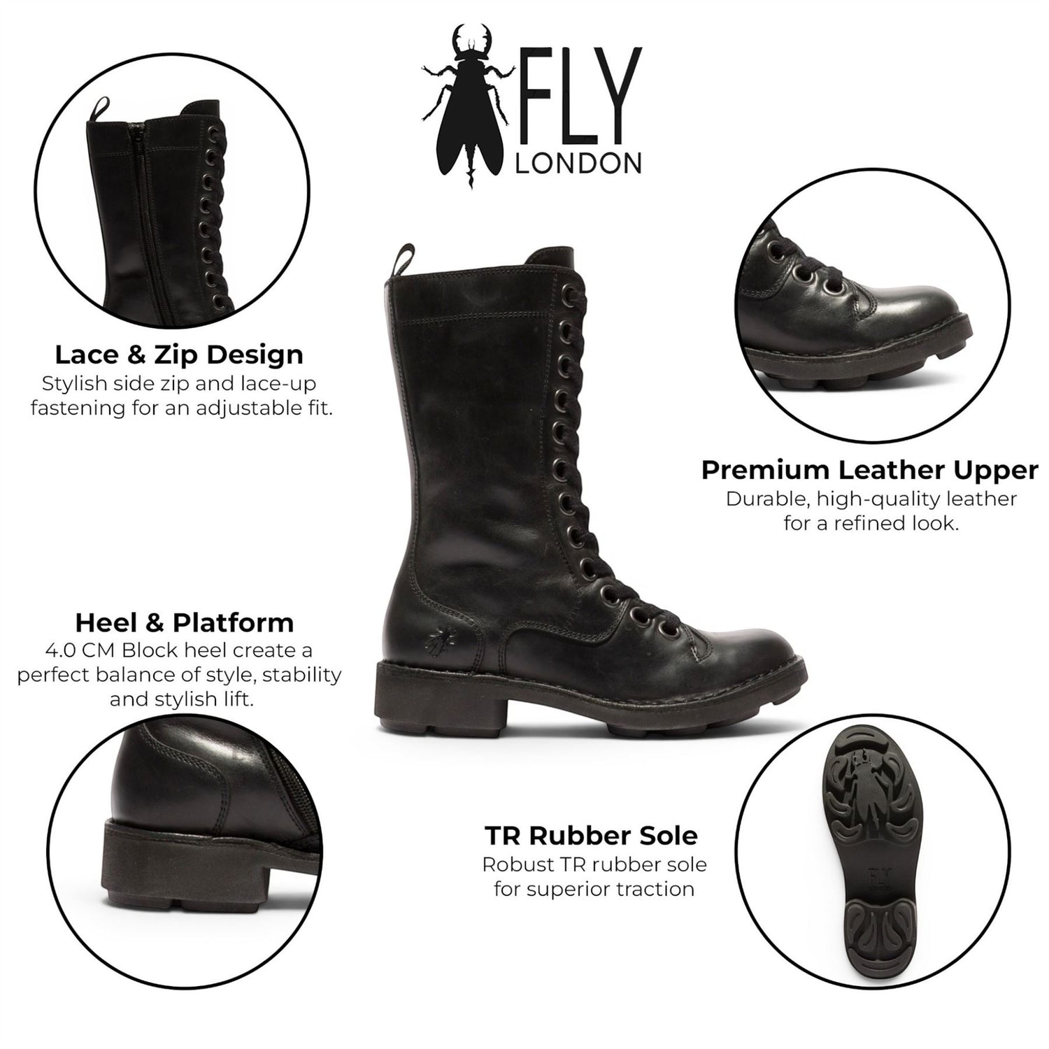 Fly London Women’s Black Leather Lace-Up Combat Ankle Boots- NOLE176
