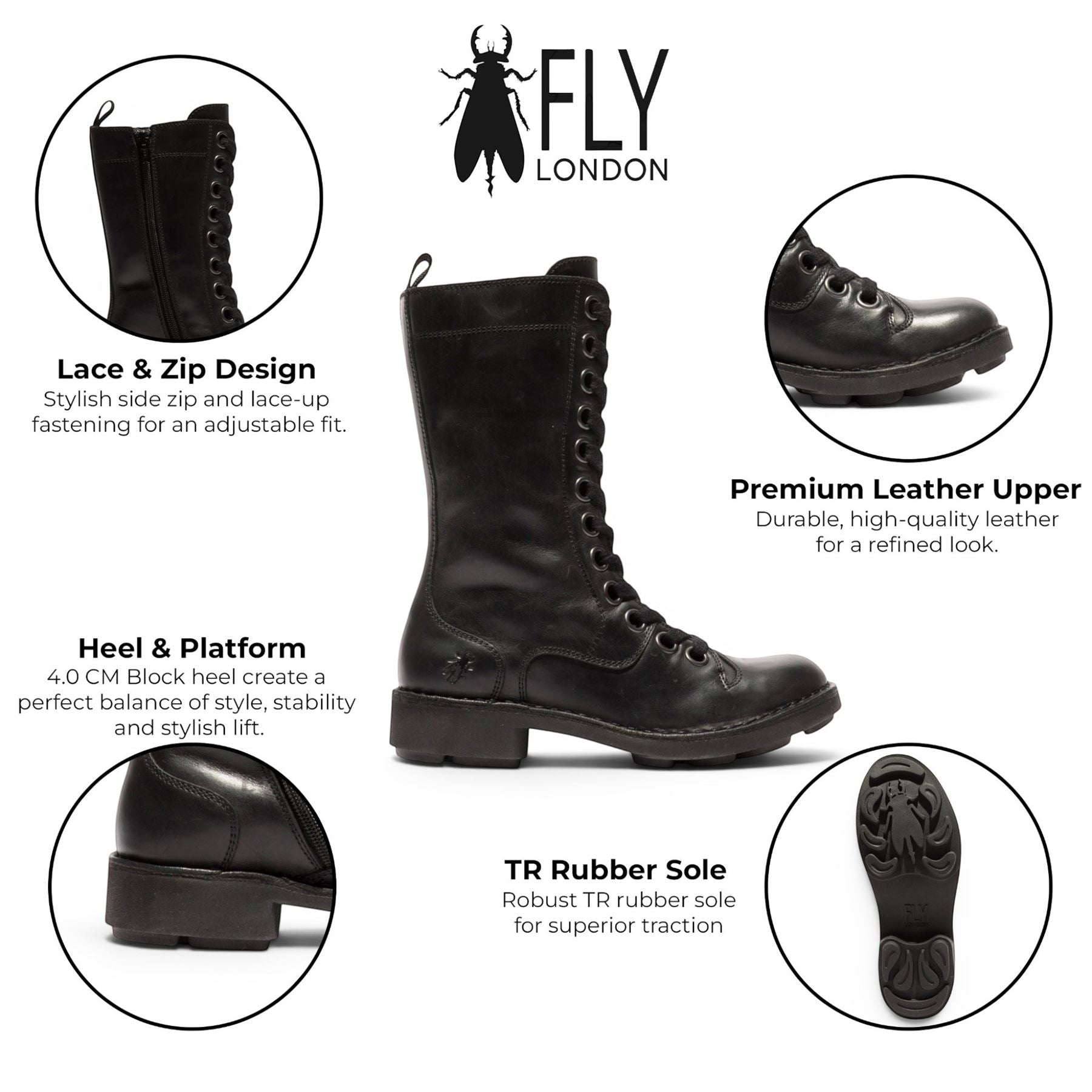 Fly London Women’s Black Leather Lace-Up Combat Ankle Boots- NOLE176