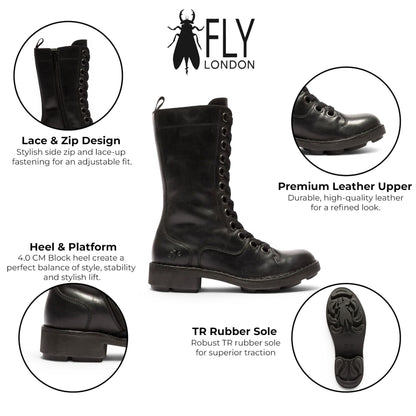 Fly London Women’s Black Leather Lace-Up Combat Ankle Boots- NOLE176