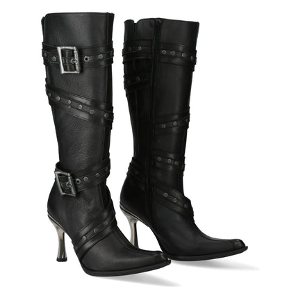 New Rock Womens Black Leather Gothic Knee-High Heeled Boots - M-9029-C10