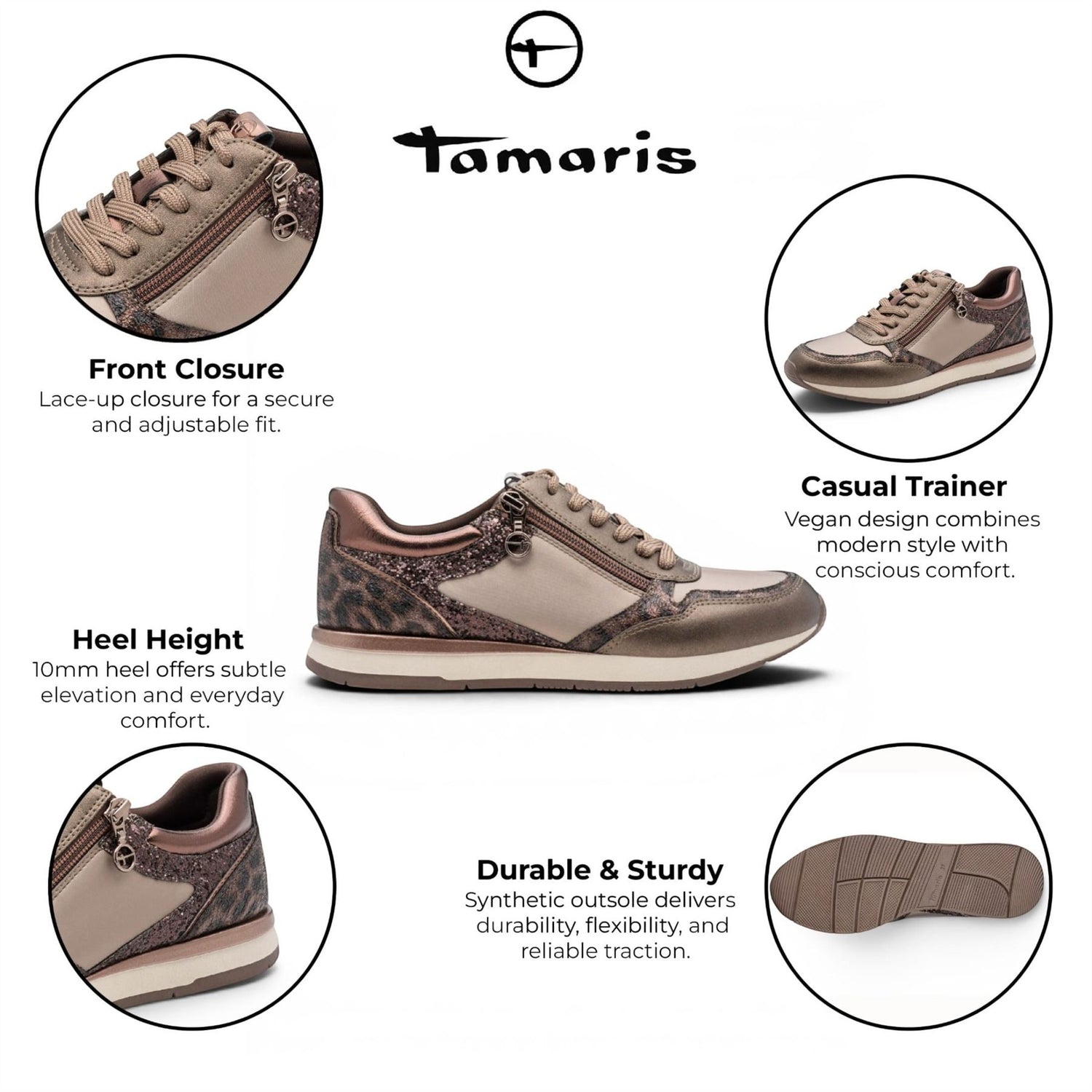 Tamaris Womens Taupe Faux Leather Fashion Lace Up Sneakers - 23613-46