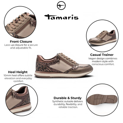 Tamaris Womens Taupe Faux Leather Fashion Lace Up Sneakers - 23613-46