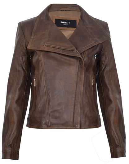 Womens Classic  Leather Shawl Wrap Biker Jacket - Morpeth