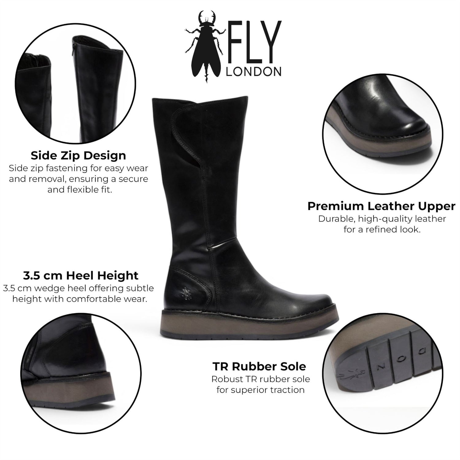Fly London Womens Black Leather High Pull On Long Boots - RHEA042