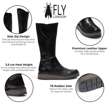 Fly London Womens Black Leather High Pull On Long Boots - RHEA042