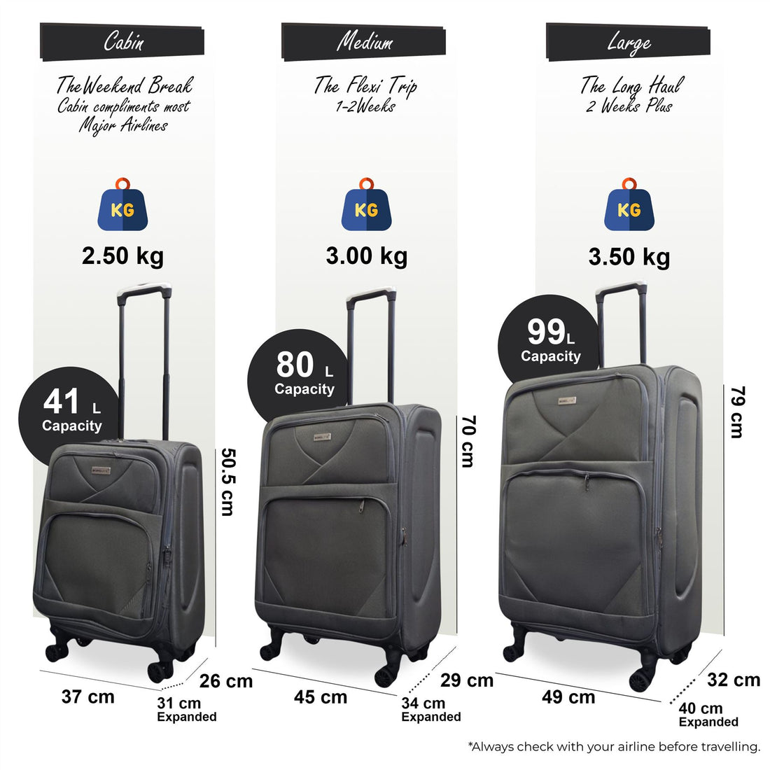 Nagoya Set of 3 Soft Shell Suitcase in Grey