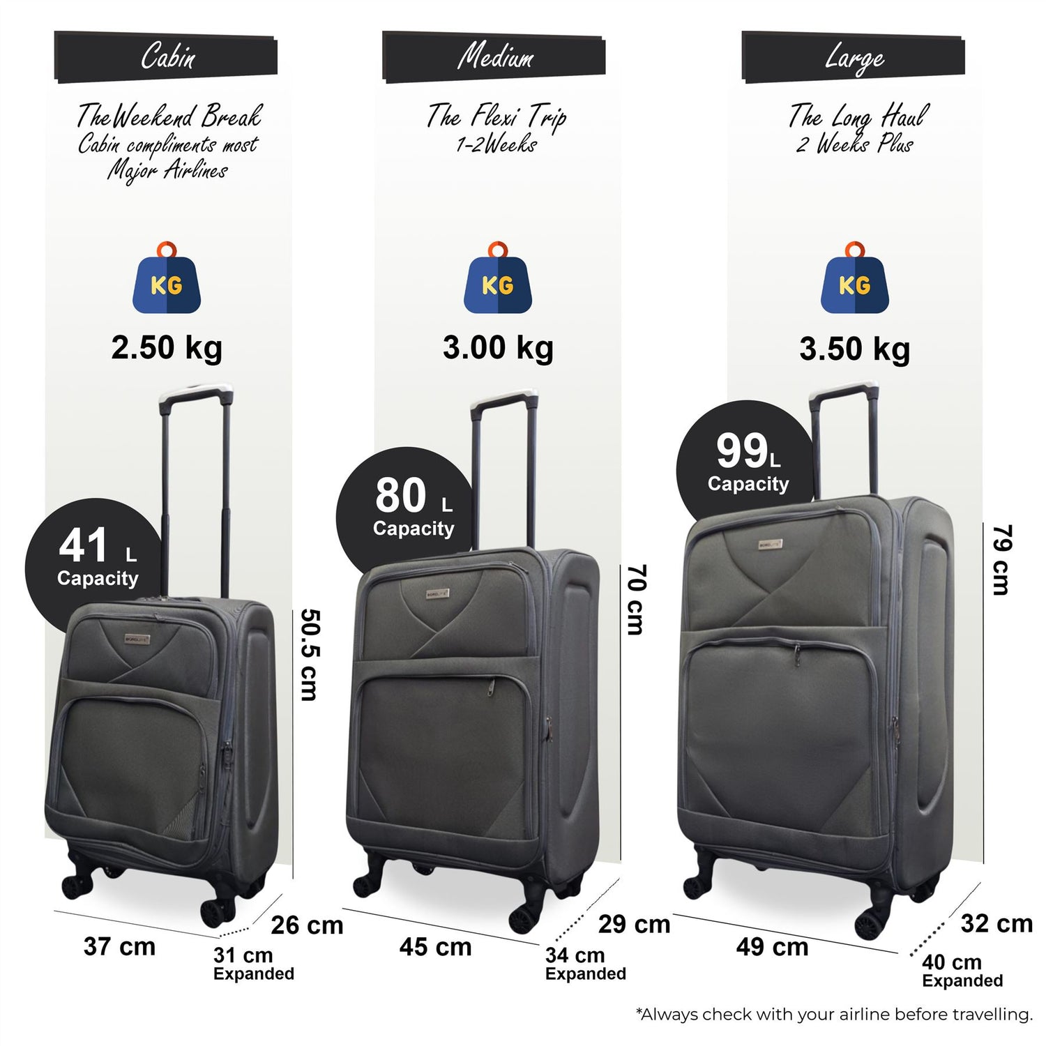 Nagoya Set of 3 Soft Shell Suitcase in Grey