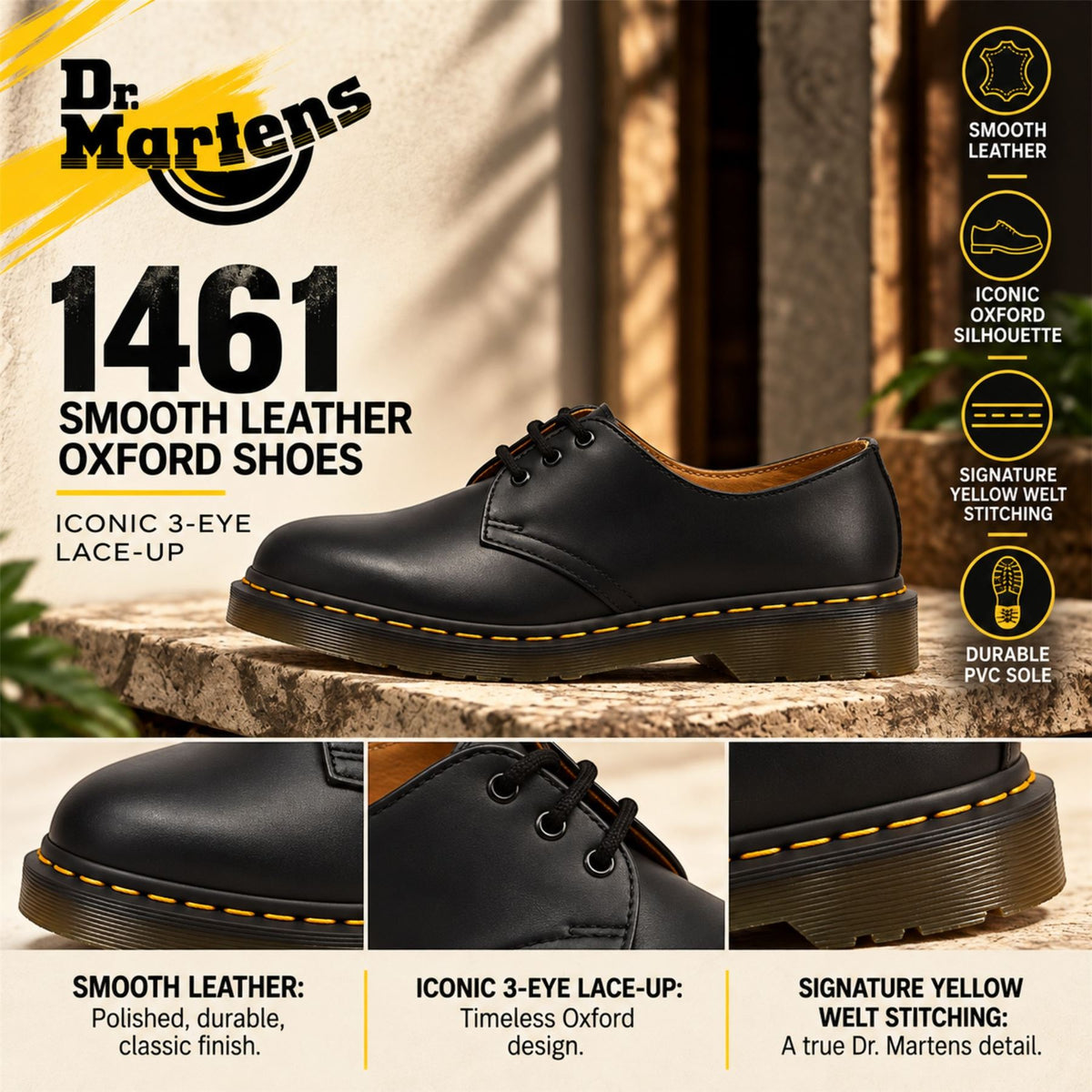 Dr Martens 1461 Black Smooth Leather 3-Eye Oxford Shoes - 11838002