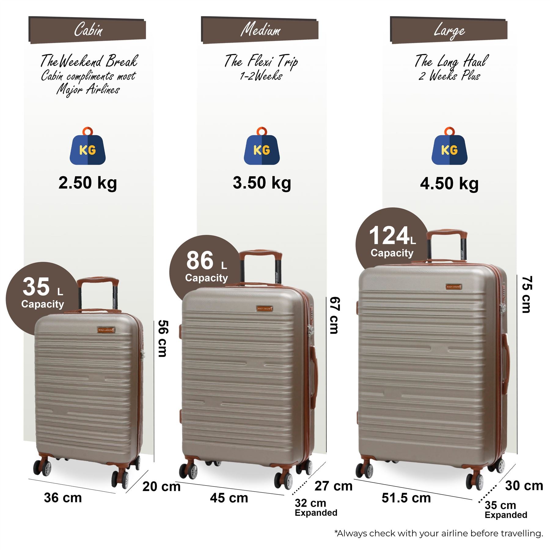 Armidale Set of 3 Hard Shell Suitcase in Champagne