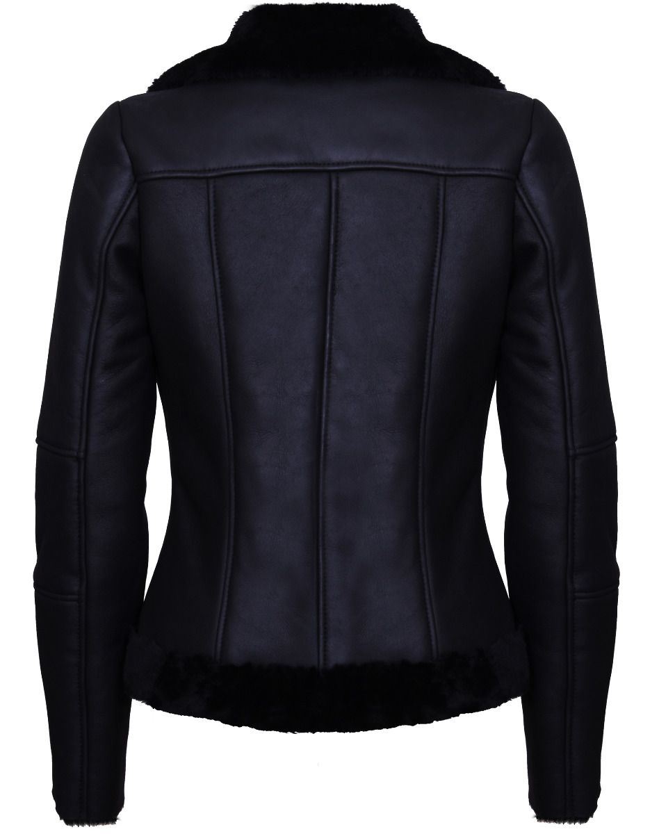 Womens Shearling Sheepskin Black Aviator Jacket-Patchway - Upperclass Fashions 