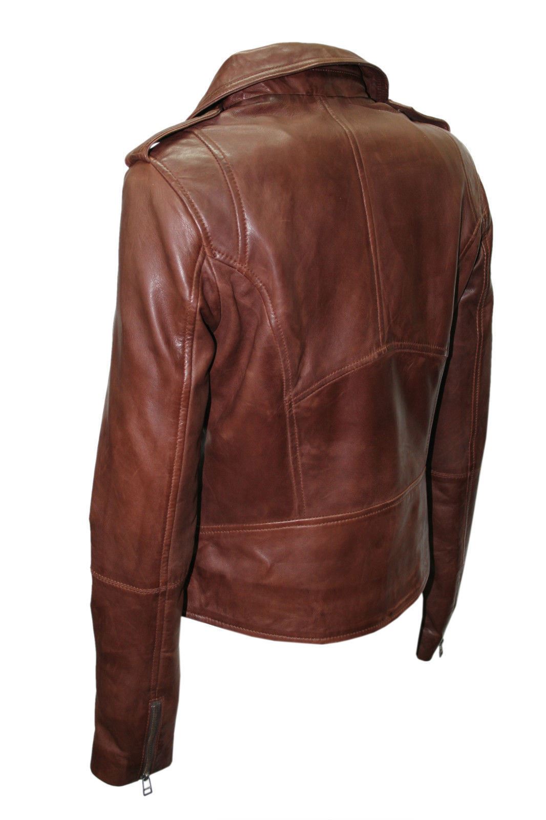 Womens Vintage Chestnut Leather Biker Jacket-Meltham