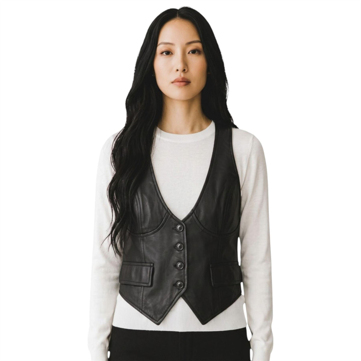 Womens Red Leather Waistcoat Biker Vest - MAM-WC