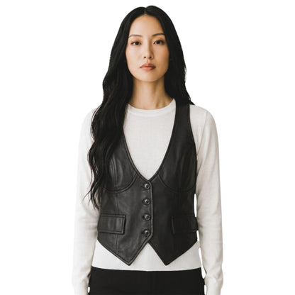 Womens Red Leather Waistcoat Biker Vest - MAM-WC