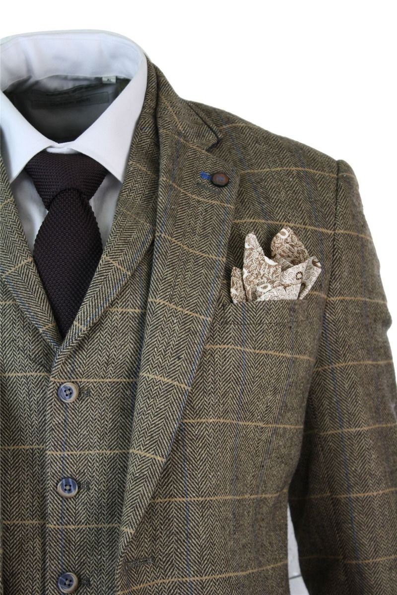 Mens 3 Piece Tan Brown Check Tweed Herringbone Vintage Classic Suit - Upperclass Fashions 