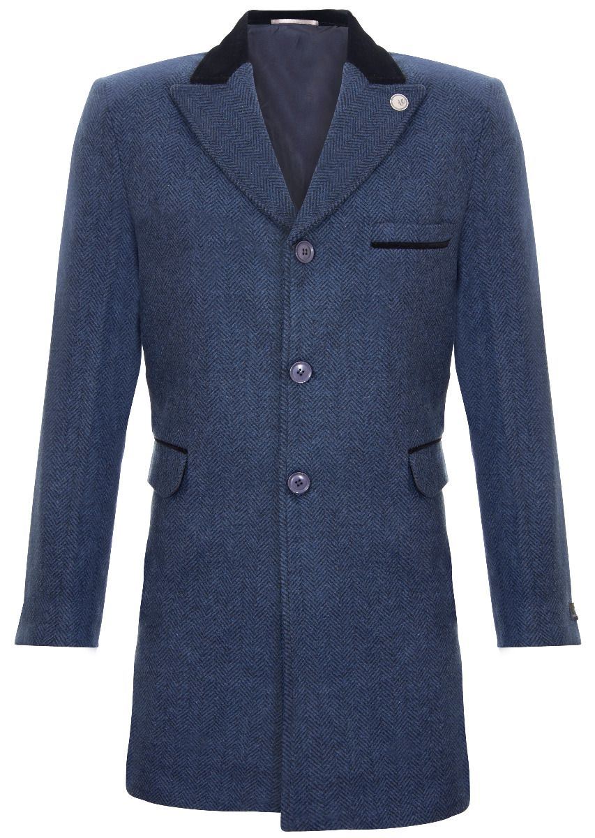 Mens 3/4 Long Navy Crombie Overcoat Jacket Herringbone Tweed Coat Peaky Blinder - Upperclass Fashions 