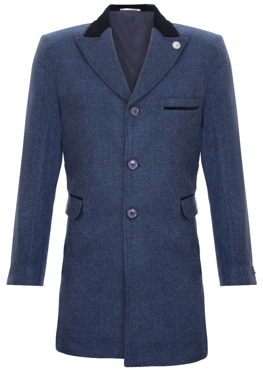 Mens 3/4 Long Navy Crombie Overcoat Jacket Herringbone Tweed Coat Peaky Blinder