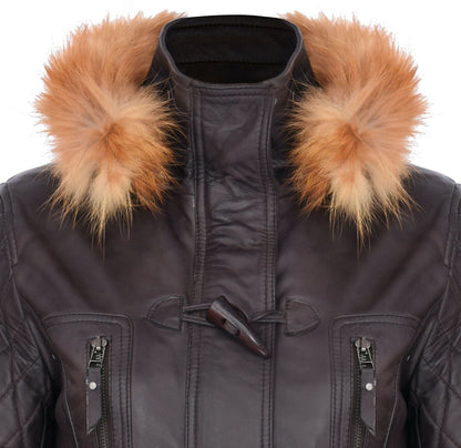 Womens Quilted Leather Hooded Parka Jacket-Northampton