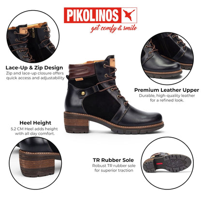 Pikolinos Women’s Black Leather Zip &amp; Lace Up Heel Ankle Boots - San Sebastia
