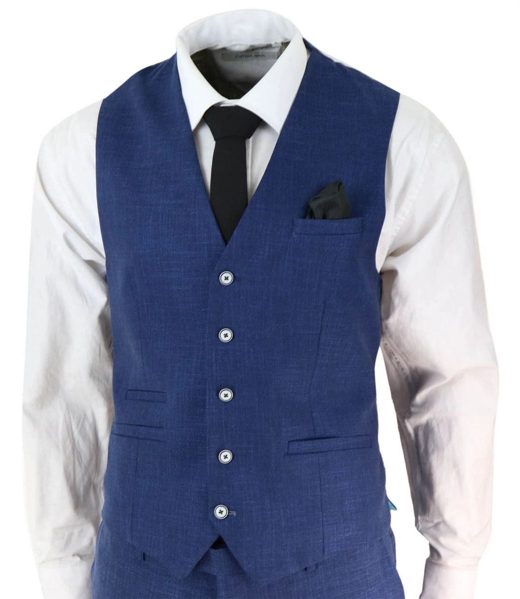 Mens 3 Piece Blue Linen Summer Spring Classic Suit - Upperclass Fashions 