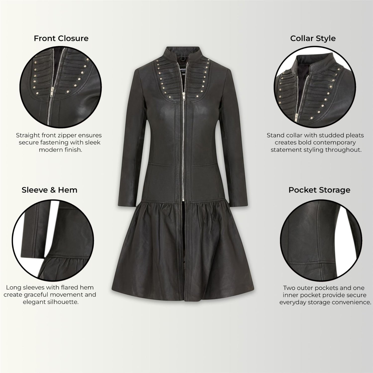 Womens Goth Leather Victorian Studded Flare Coat- Ribet