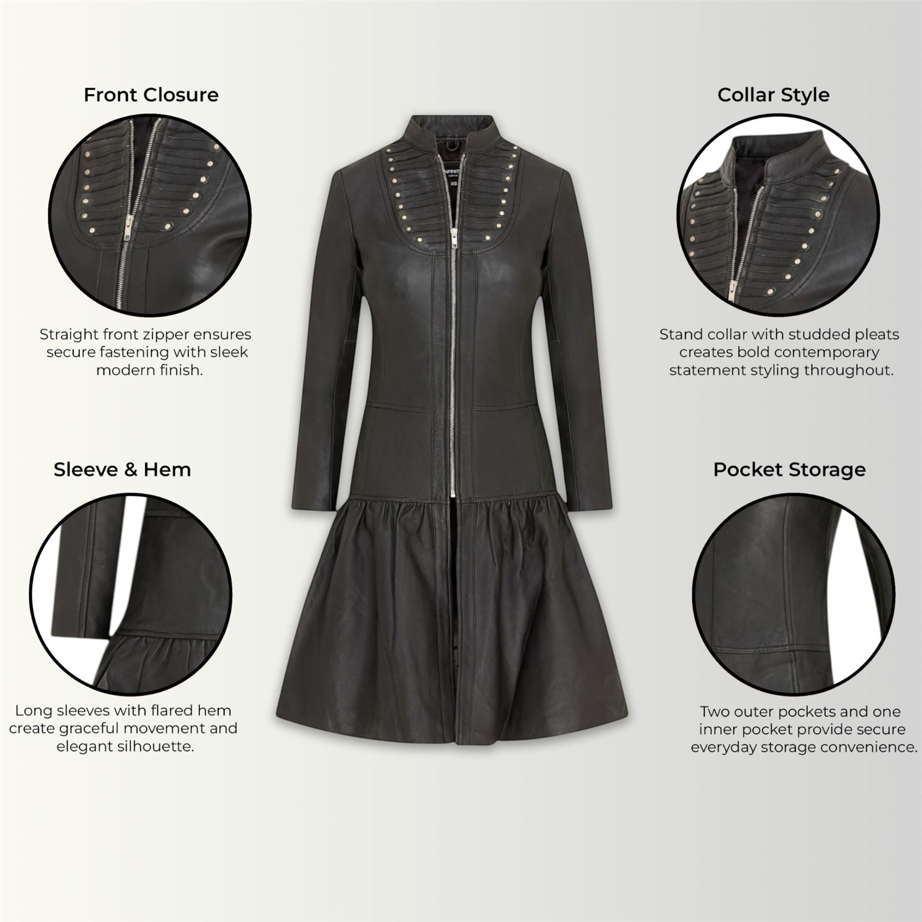 Womens Goth Leather Victorian Studded Flare Coat- Ribet