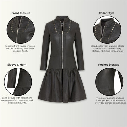 Womens Goth Leather Victorian Studded Flare Coat- Ribet