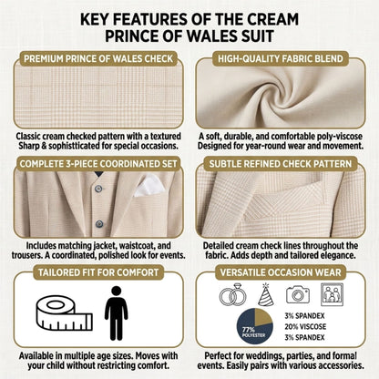 Boys Cream 3 Piece Check Formal Suit - Regent