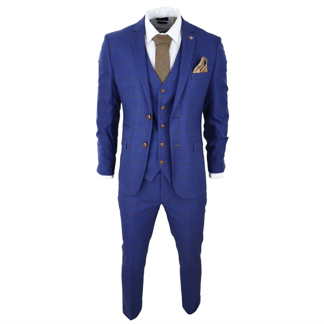 Mens Blue Brown Check 3 Piece Tailored Fit Suit