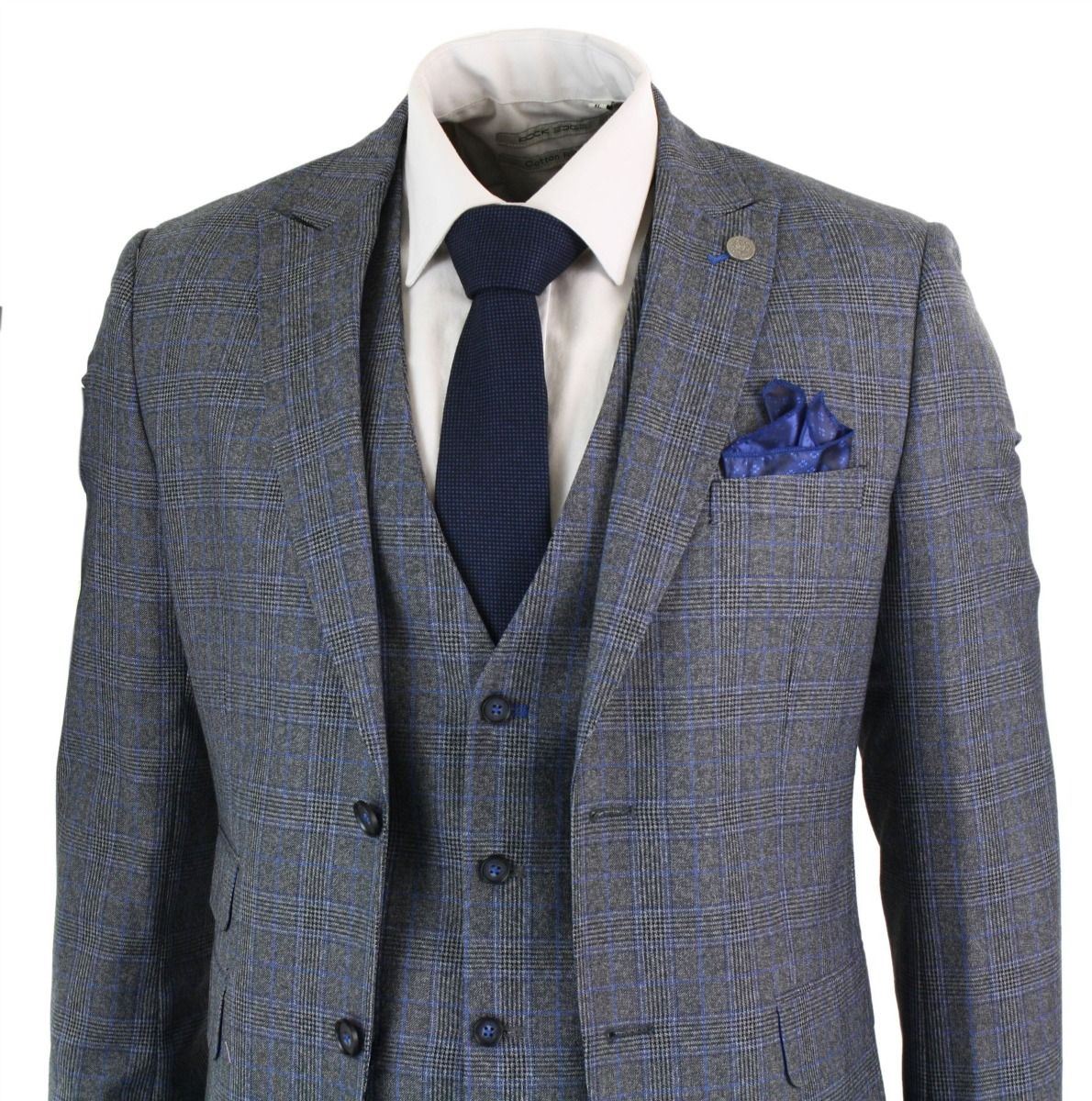Mens 3 Piece Grey Blue Check Vintage Retro Suit - Upperclass Fashions 