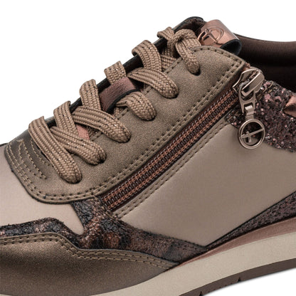 Tamaris Womens Taupe Faux Leather Fashion Lace Up Sneakers - 23613-46