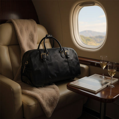 Genuine Leather Black Wheeled Holdall Duffle Travel Cabin Bag - Holt