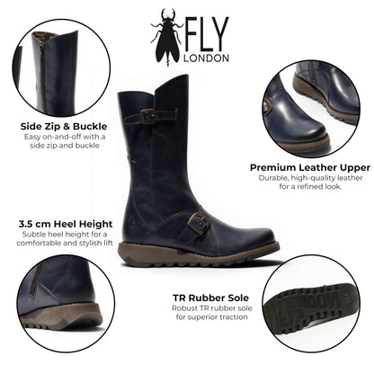 Fly London Womens Blue Leather Mid-Calf Long Boots - MES2913