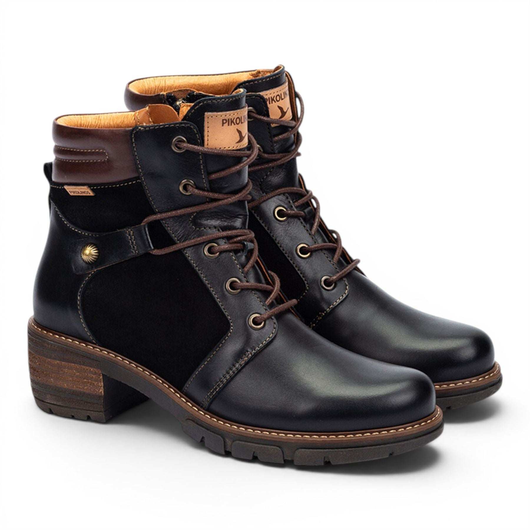 Pikolinos Women’s Black Leather Zip &amp; Lace Up Heel Ankle Boots - San Sebastia