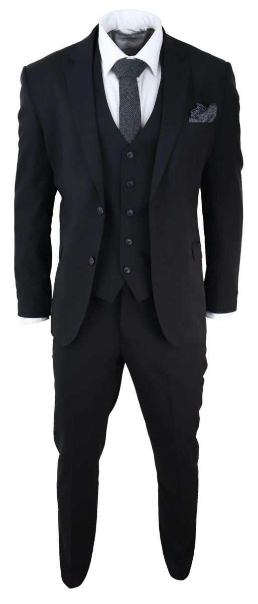 Mens 3 Piece Plain Black Classic Retro Tailored Suit