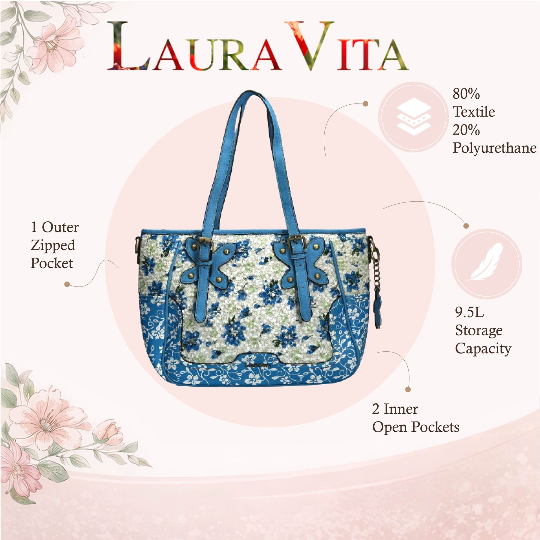 Laura Vita Aloe-02 Womens Blue Floral Print Adjustable Straps Shoulder Tote Bag