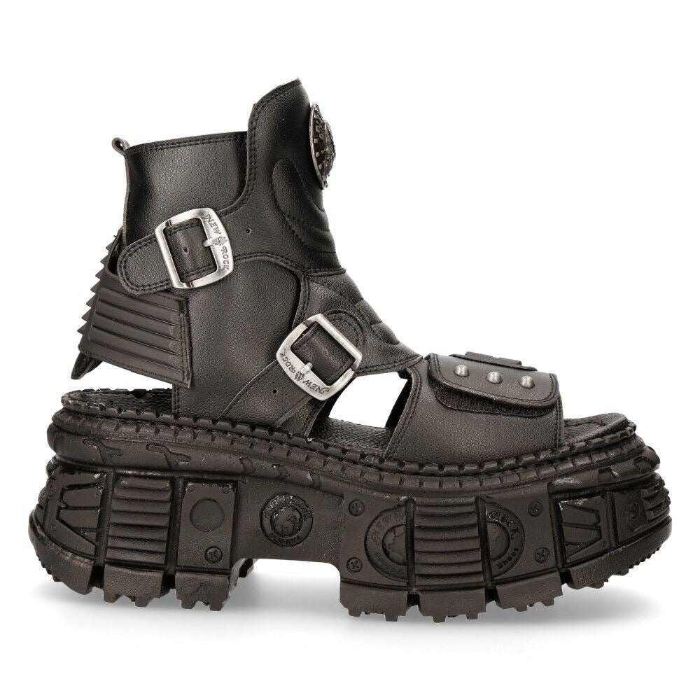 New Rock Black VEGAN Leather Boot Sandals-BIOS106-V3