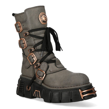 New Rock Grey Brown Leather Gothic Mid-Calf Biker Boots - M-373XL-C119