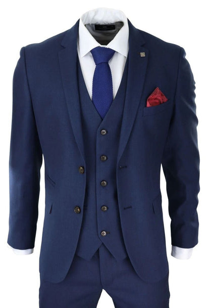 Mens 3 Piece Navy Blue Classic Retro Suit - Upperclass Fashions 