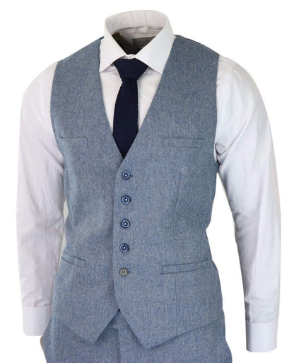 Mens 3 Piece Light Blue Tweed Tailored Fit Retro Classic Suit