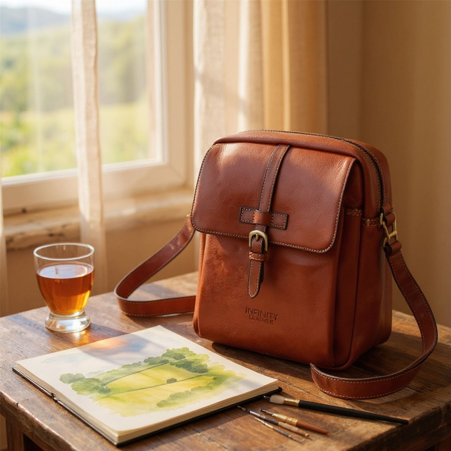 Genuine Leather Tan Vintage Crossbody Messenger Travel Bag - Ashby