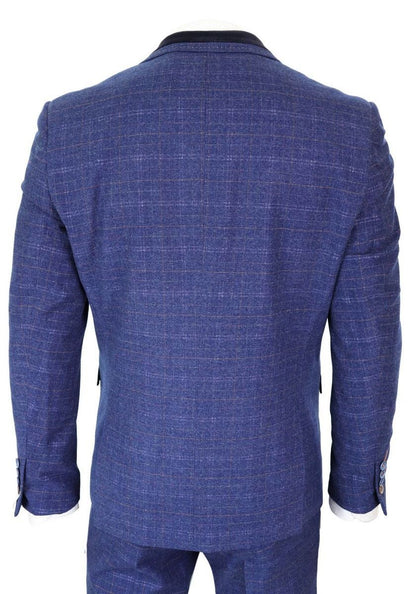 Mens 3 Piece Blue Tweed Check Vintage Classic Suit - Upperclass Fashions 